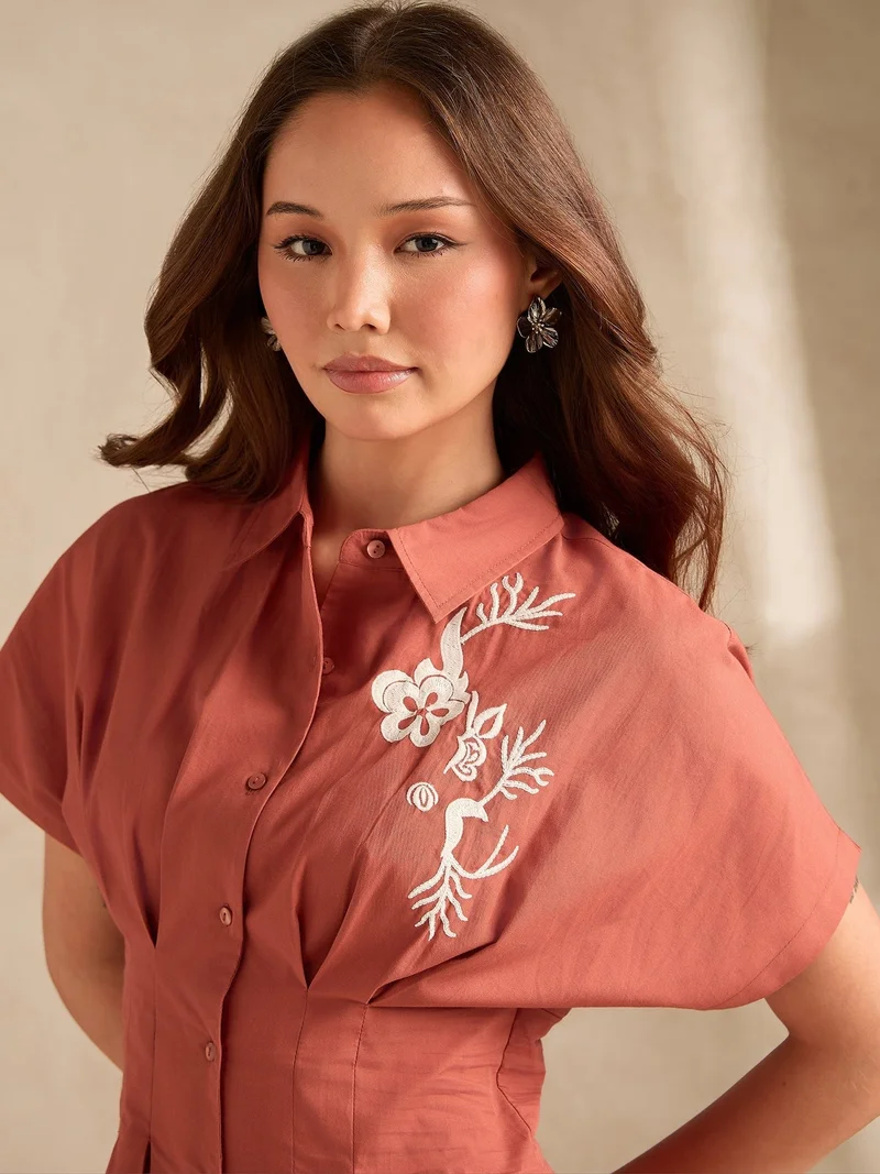 Outzidr  Rust Dolman Fit Printed Shirt Dress With Belt Detail for Women | Best Price UAE